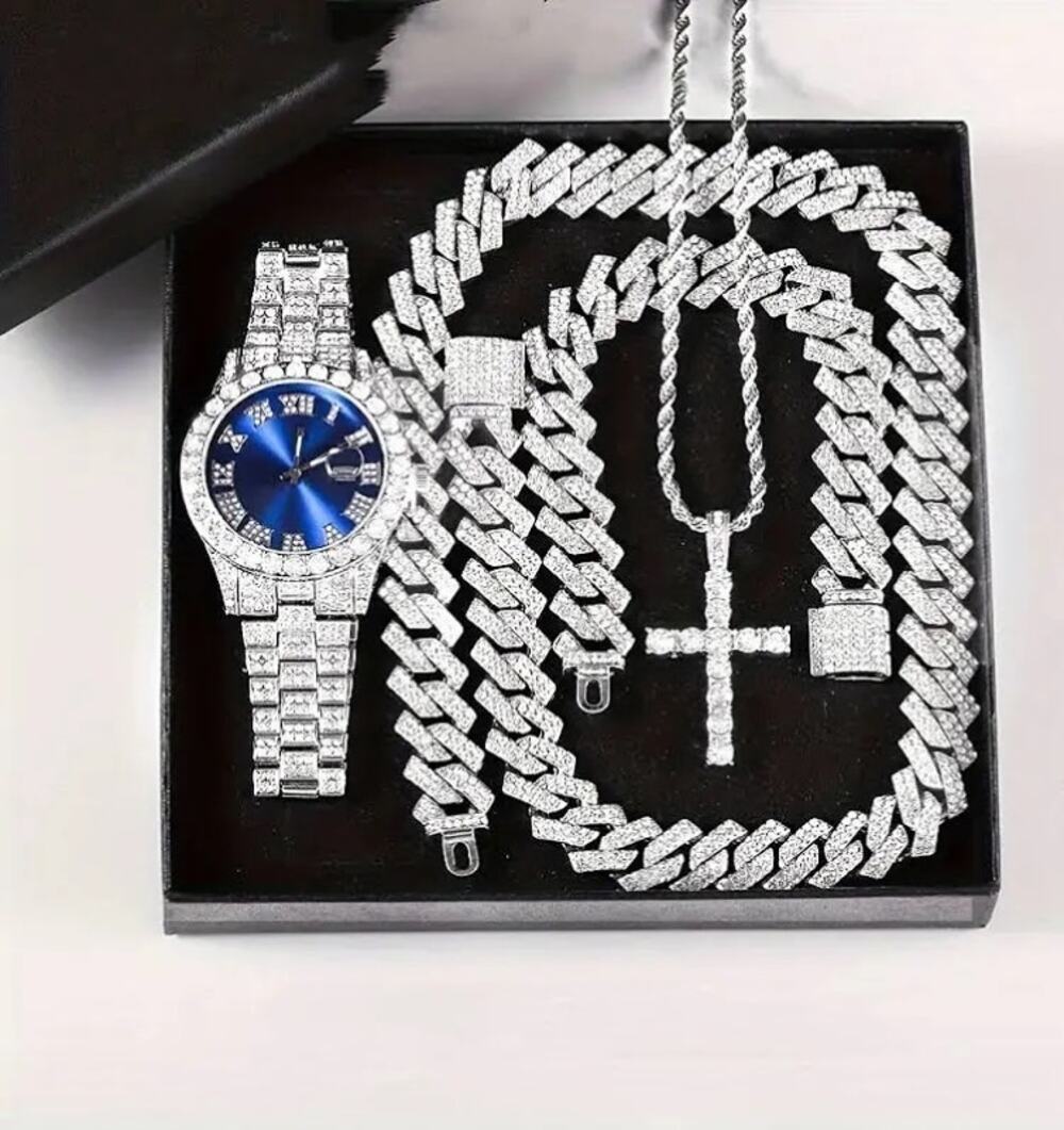 Men's Silver Iced Out Watch, Cuban Chain, Bracelet & Cross Necklace Set NIB